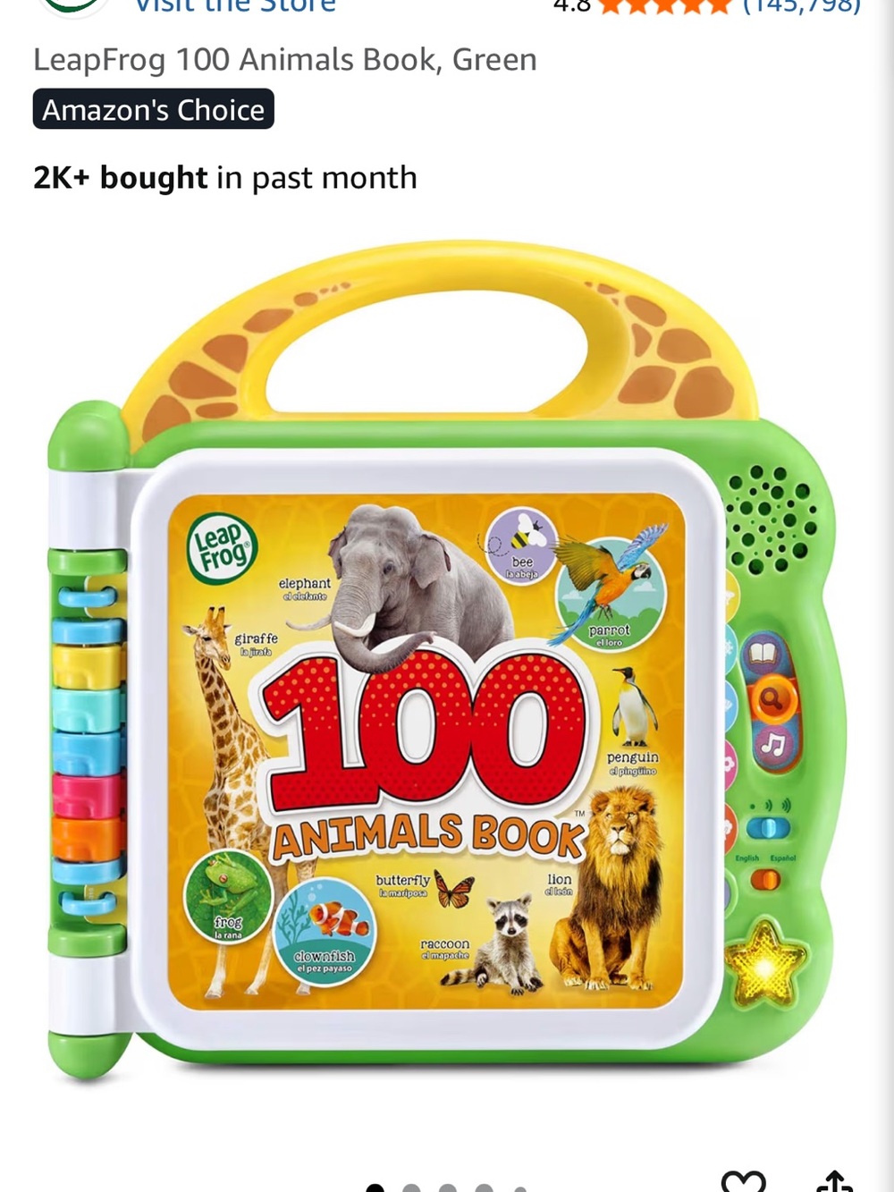 100 Animals Book - Green and Yellow Interactive Learning Toy by Leap Frog NWT
